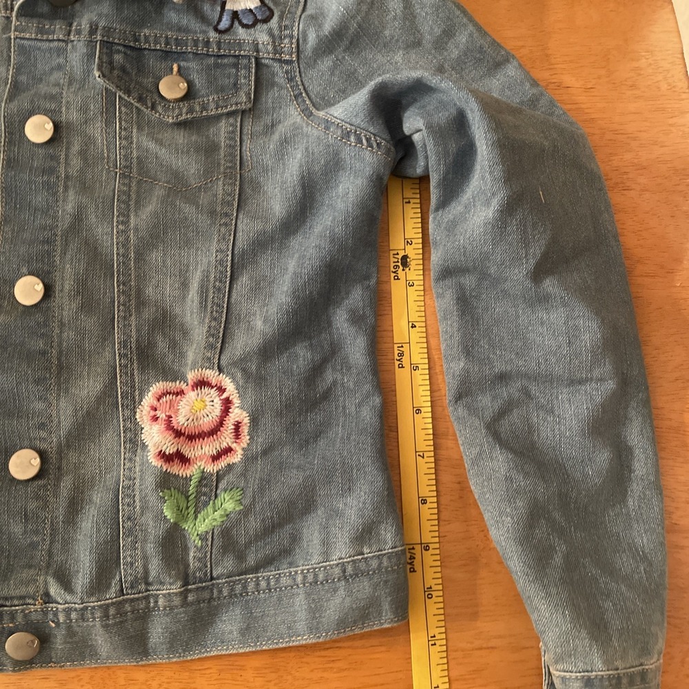 Place XL 14 Girls Jean Jacket Embroidered Butterfly Bee Bird Flowers - Picture 14 of 14